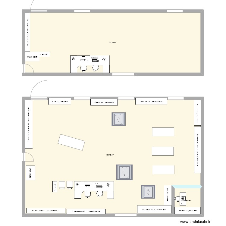 magasin. Plan de 3 pièces et 253 m2