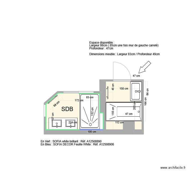 16 Ecoles SDB Enfant. Plan de 2 pièces et 6 m2