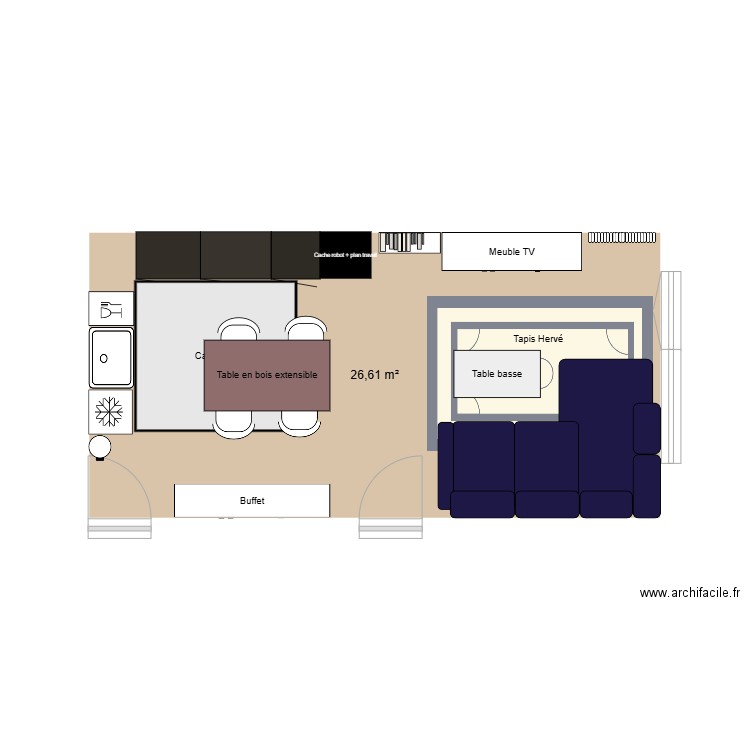 Salon. Plan de 1 pièce et 27 m2