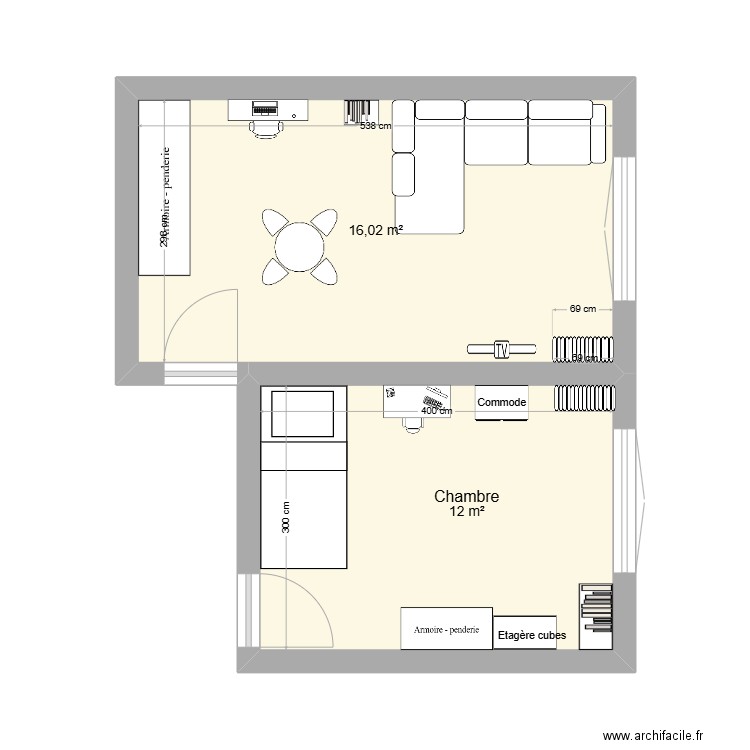 chambre. Plan de 2 pièces et 28 m2