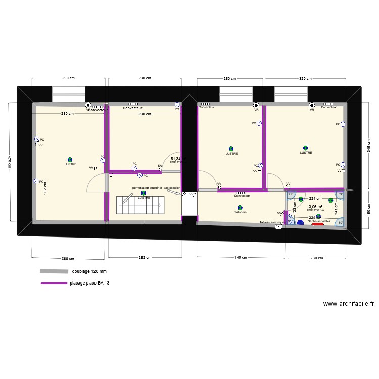 SAUYERES placo murs. Plan de 2 pièces et 54 m2