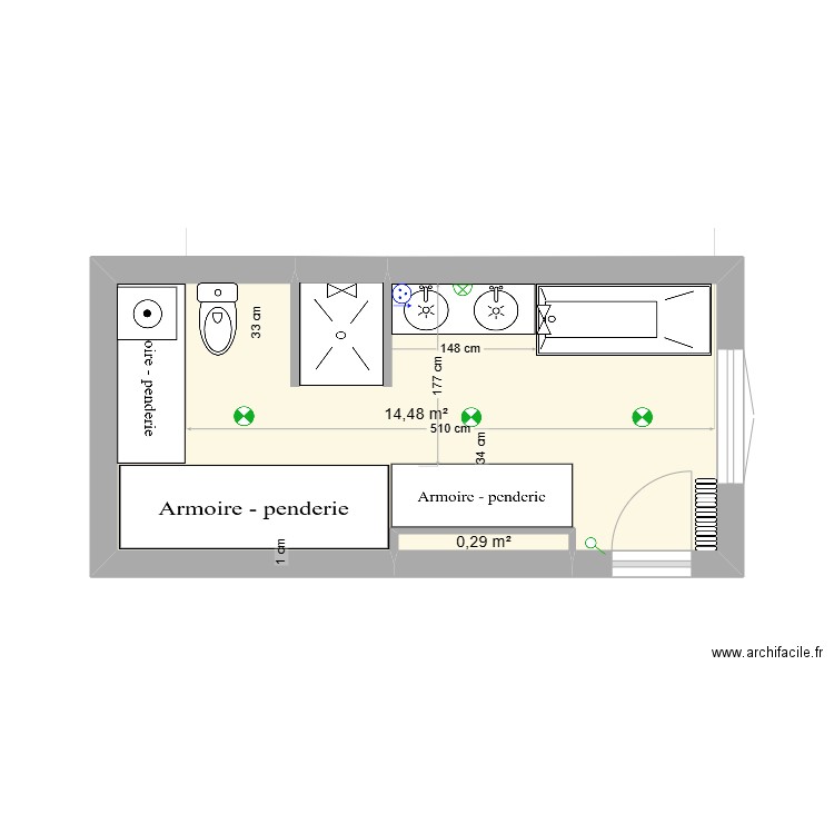 sdb paradis V9. Plan de 2 pièces et 15 m2