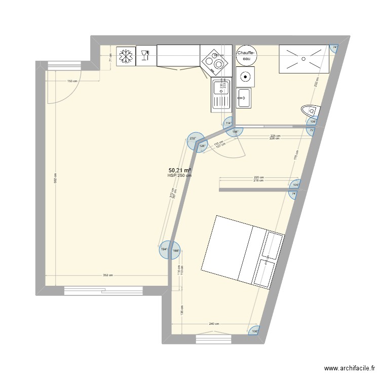 Carnot. Plan de 1 pièce et 50 m2