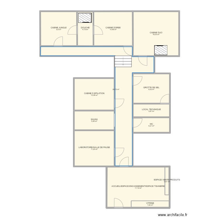 Spa. Plan de 14 pièces et 132 m2