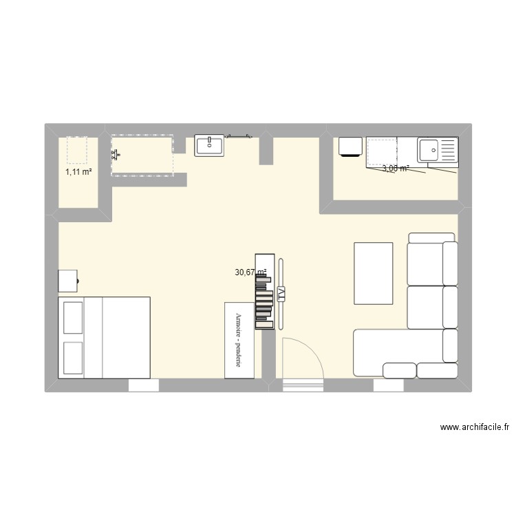 RDC-1. Plan de 3 pièces et 35 m2