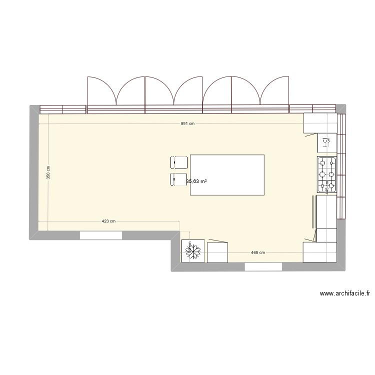 Cuisine. Plan de 1 pièce et 36 m2