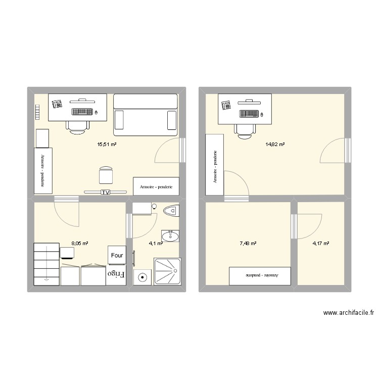 Maison RDC. Plan de 6 pièces et 54 m2