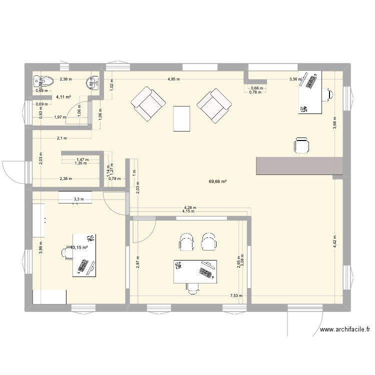 Bureau 02. Plan de 3 pièces et 87 m2