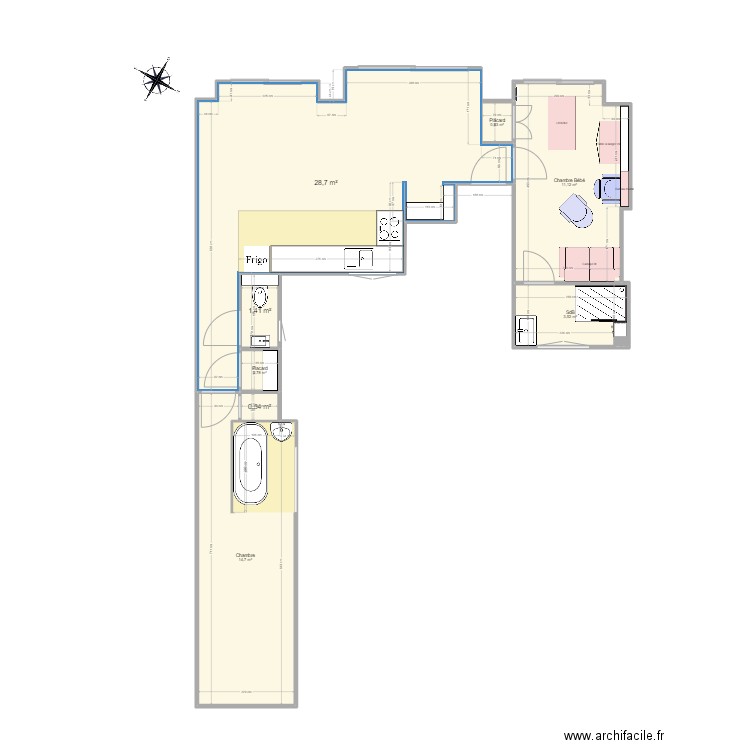 Test Appart Chamlbre bébé. Plan de 8 pièces et 61 m2