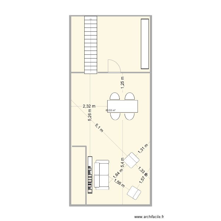 rdc. Plan de 1 pièce et 61 m2