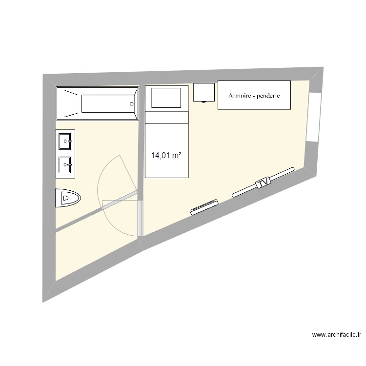 chambre de Jacquot + Salle de bain. Plan de 1 pièce et 14 m2