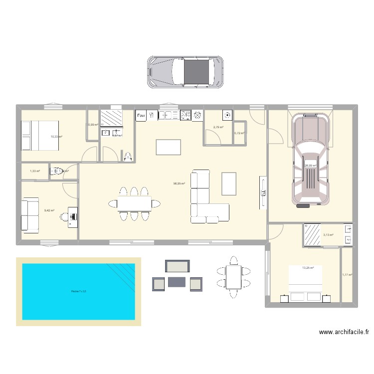 Maison Chauriat. Plan de 13 pièces et 134 m2