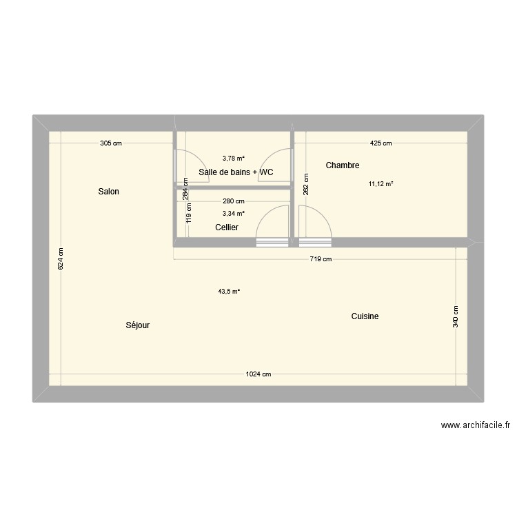 7x11 - 17-12-24. Plan de 4 pièces et 62 m2