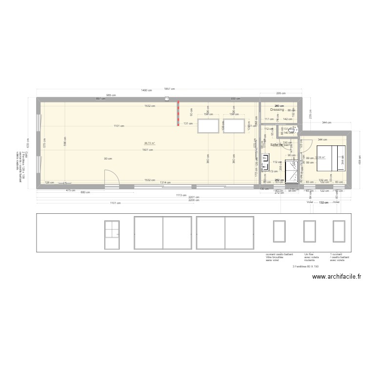PROJET CAILLE - AMENAGEMENT INTERIEUR PLAN E VELUX V1. Plan de 3 pièces et 115 m2