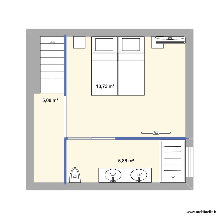 Chambre 5-3. Plan de 3 pièces et 25 m2