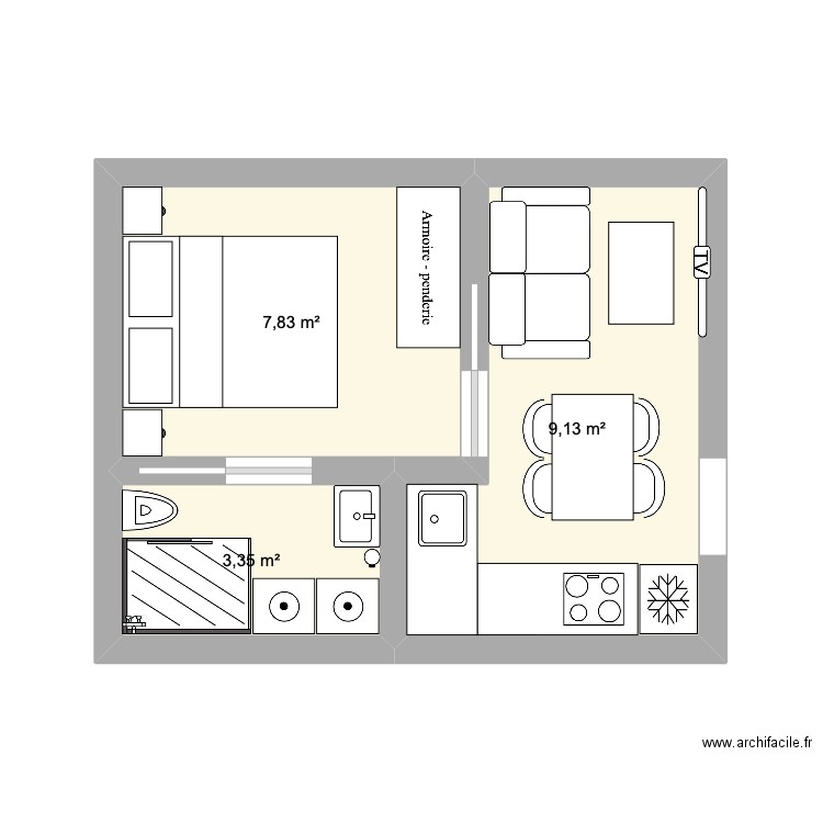 Keryan et Emilie. Plan de 3 pièces et 20 m2