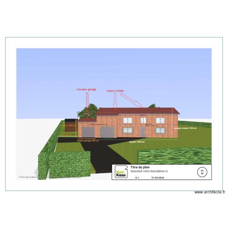 vue 3D avec garage avec mesures. Plan de 0 pièce et 0 m2