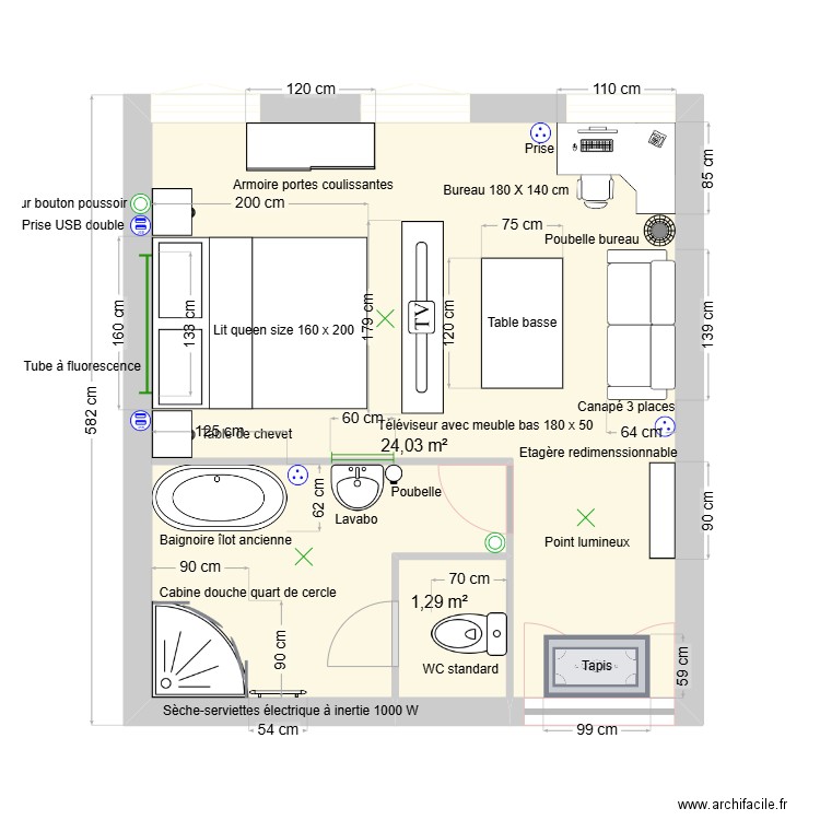 Plan chambre double classique Cendra Nathan. Plan de 2 pièces et 25 m2