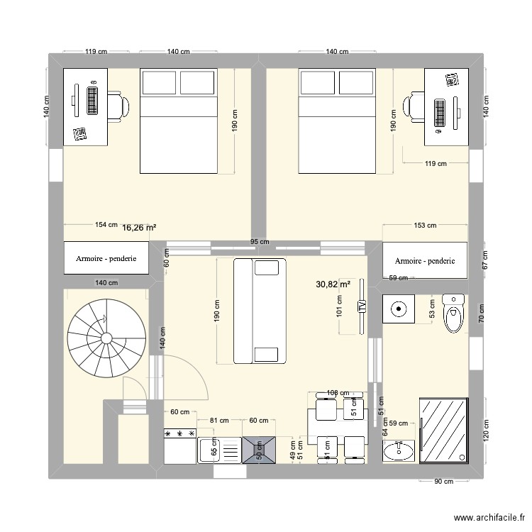 Alfacourse. Plan de 2 pièces et 47 m2