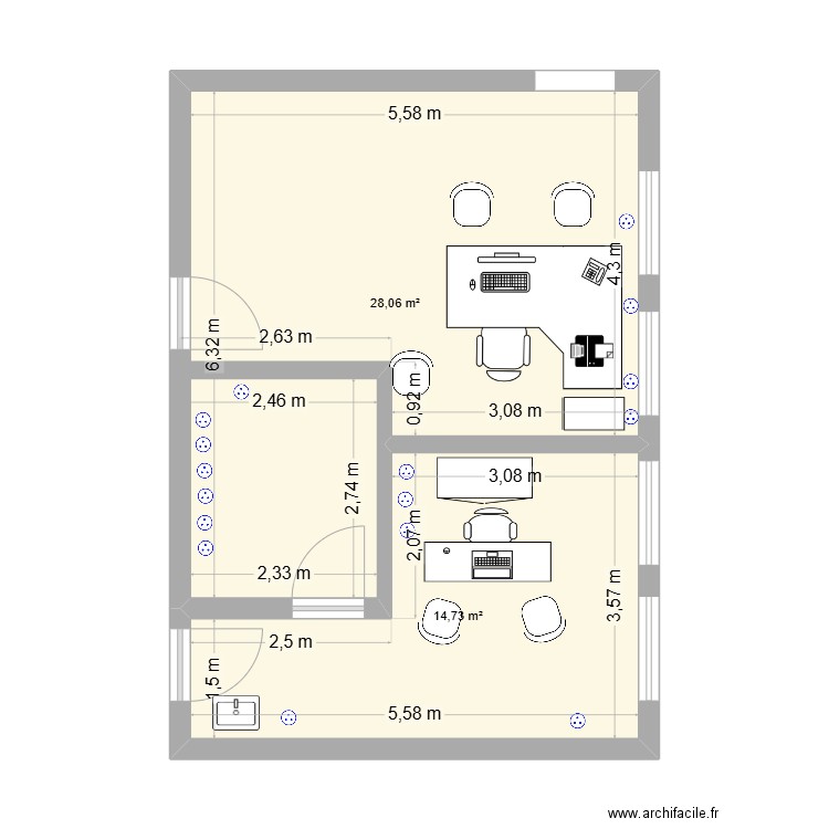 bureaux audio. Plan de 2 pièces et 43 m2