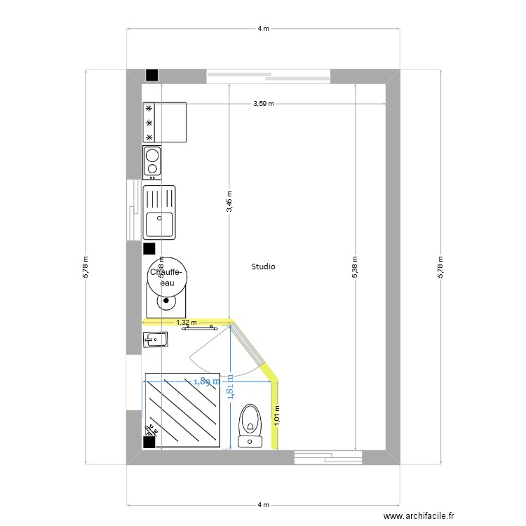 Studio avec cotes SDB. Plan de 1 pièce et 19 m2