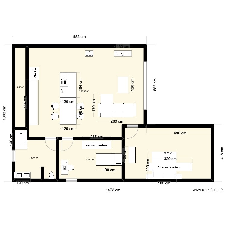 ludo hall. Plan de 5 pièces et 104 m2