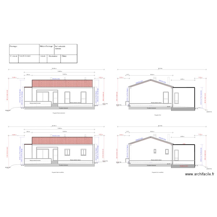 modifications ouvertures façades Sud et Est. Plan de 10 pièces et 43 m2