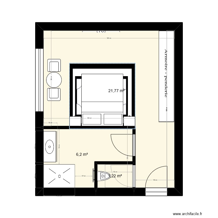 Chambre d'hôtel. Plan de 3 pièces et 29 m2