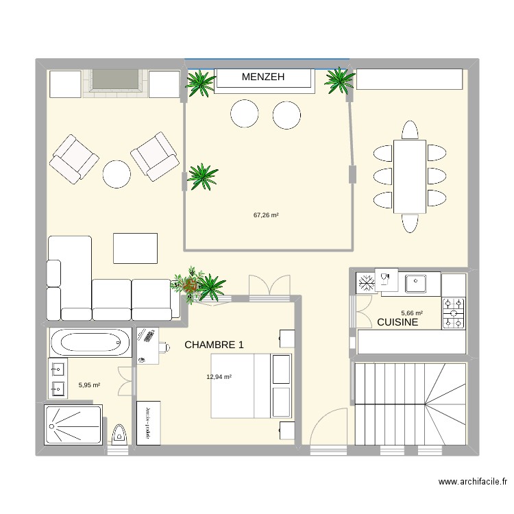 riad Kasbah 2 RDC 2. Plan de 4 pièces et 92 m2