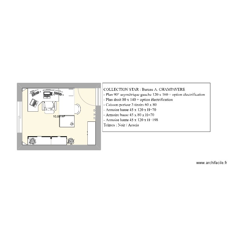 Bureau AC. Plan de 1 pièce et 11 m2