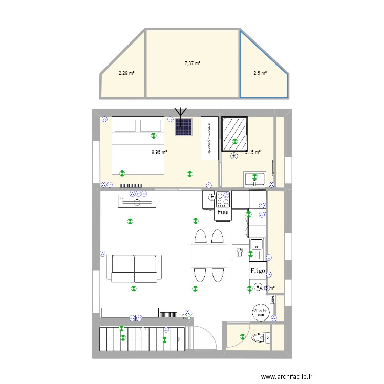 T2 bar. Plan de 6 pièces et 31 m2