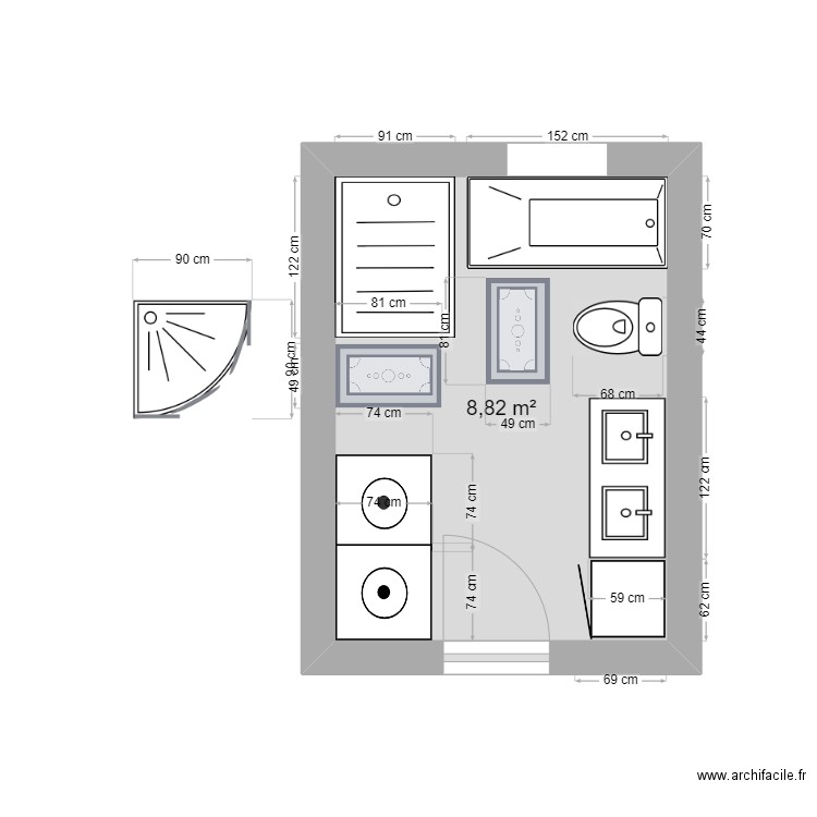 Salle de bain etage. Plan de 1 pièce et 9 m2