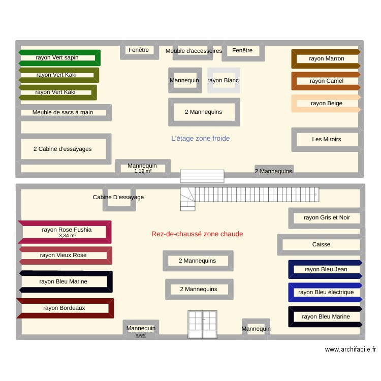 magasin NoS. Plan de 34 pièces et 253 m2