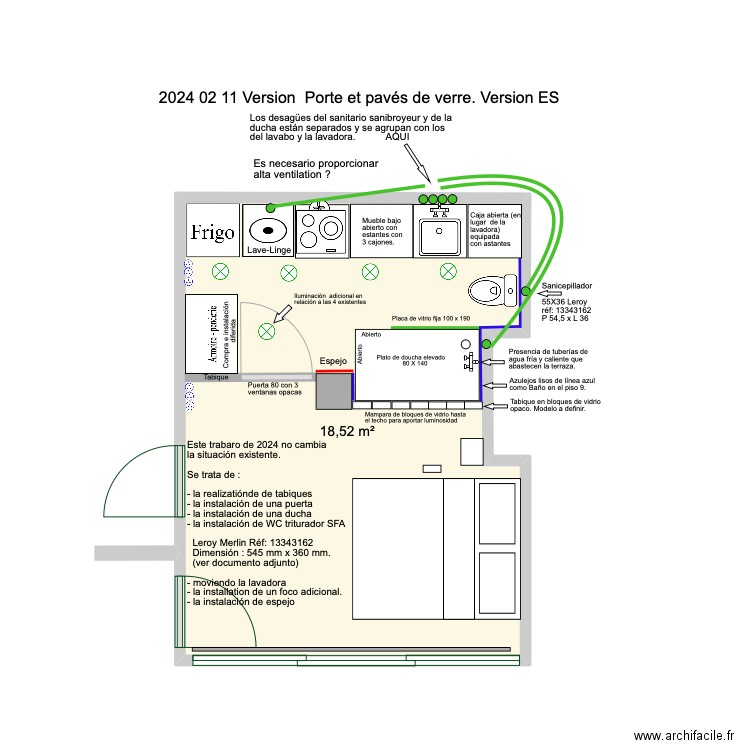 2024 02 11 avec porte et bloc de verre Version ES. Plan de 1 pièce et 19 m2