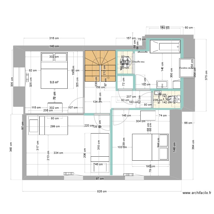 etage. Plan de 3 pièces et 12 m2