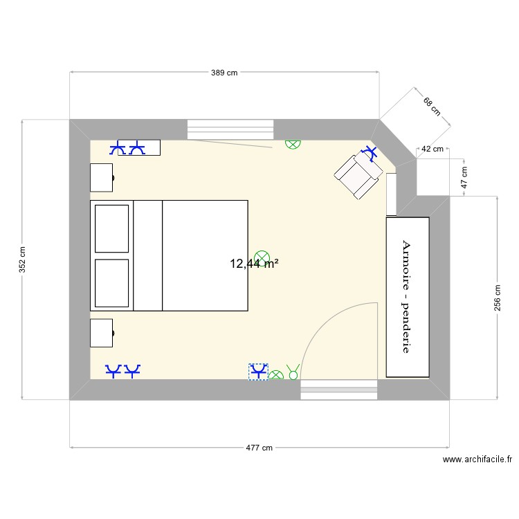 Plan 2D Claire. Plan de 1 pièce et 12 m2