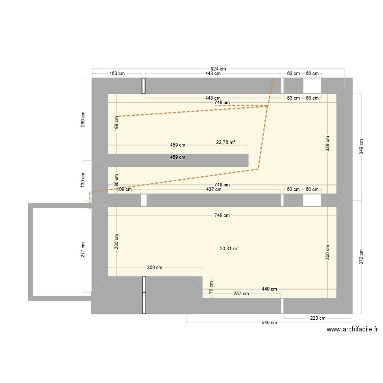 Vide sanitaire. Plan de 2 pièces et 43 m2