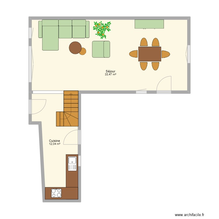 Plan grange rez avec meubles. Plan de 2 pièces et 46 m2