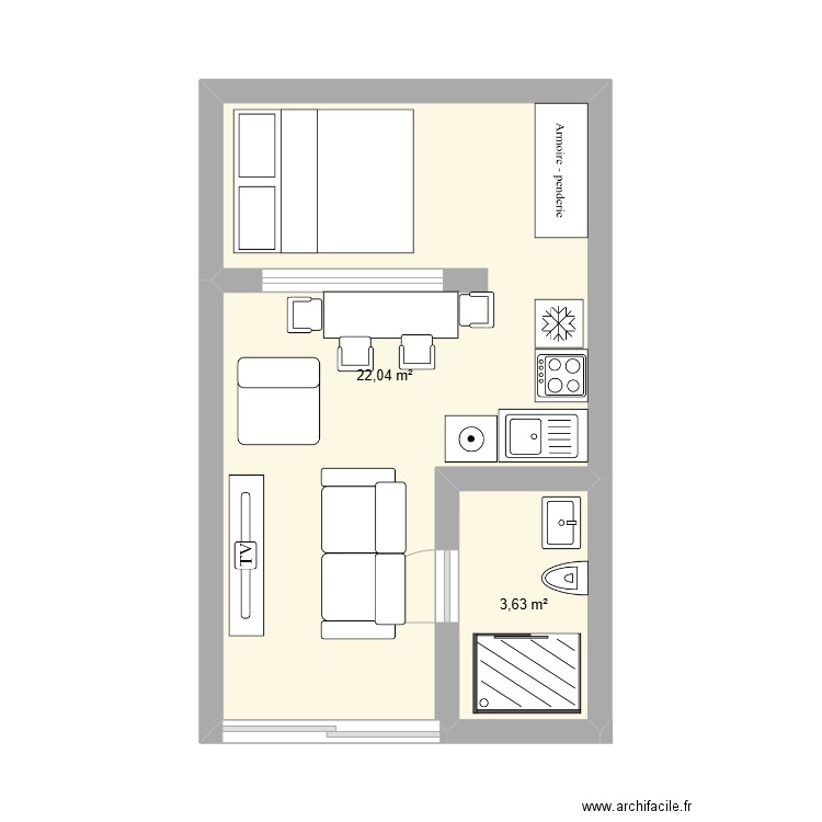 Studio. Plan de 2 pièces et 26 m2