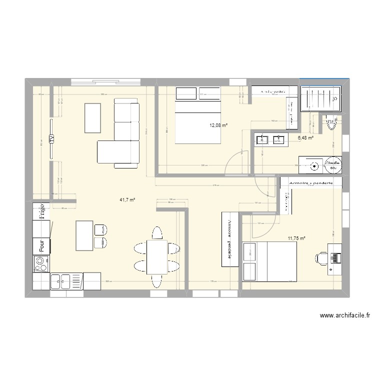 Maison 75m2. Plan de 4 pièces et 72 m2