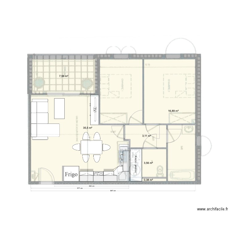 Paradis Cuisine. Plan de 6 pièces et 67 m2