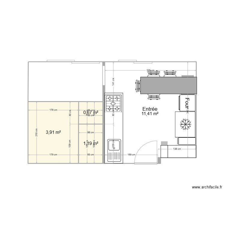 Cuisine + Salle de Bainh. Plan de 4 pièces et 17 m2