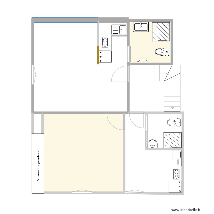 Studio + T1. Plan de 3 pièces et 23 m2