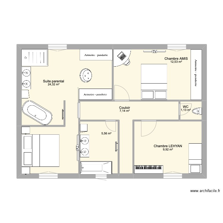 Etage de base. Plan de 6 pièces et 61 m2