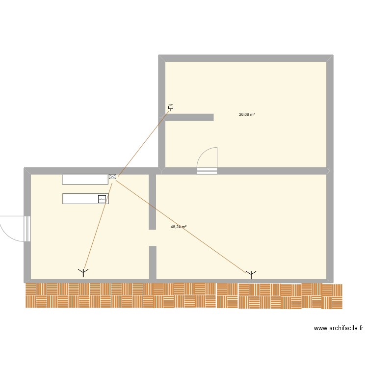 o bord du lac. Plan de 2 pièces et 74 m2