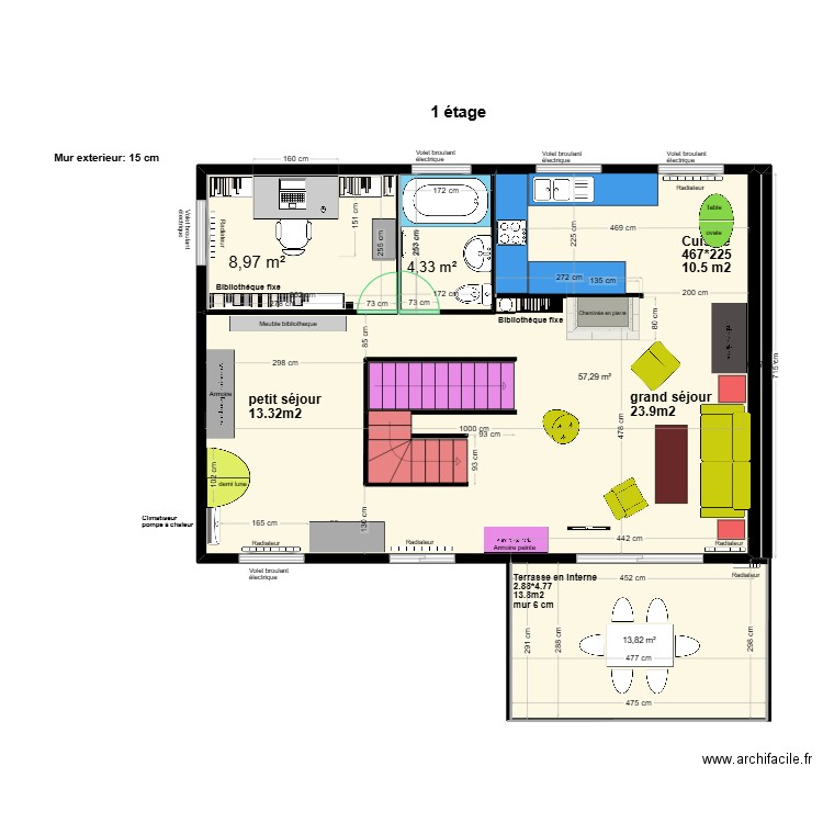 1 etage meublé. Plan de 5 pièces et 99 m2