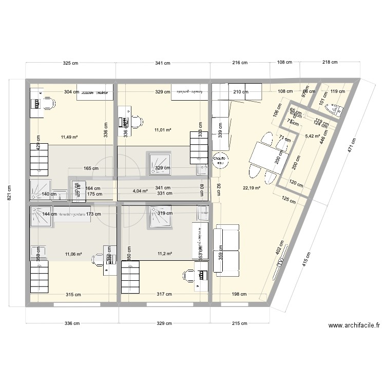 Moissons Etage 4 chambres. Plan de 7 pièces et 76 m2