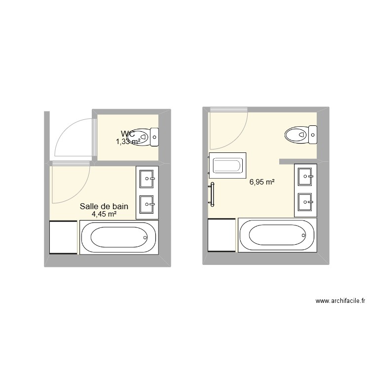 SDB à modifier. Plan de 3 pièces et 13 m2