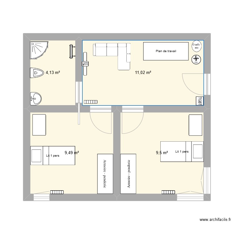 Hicham villeurbanne. Plan de 4 pièces et 34 m2