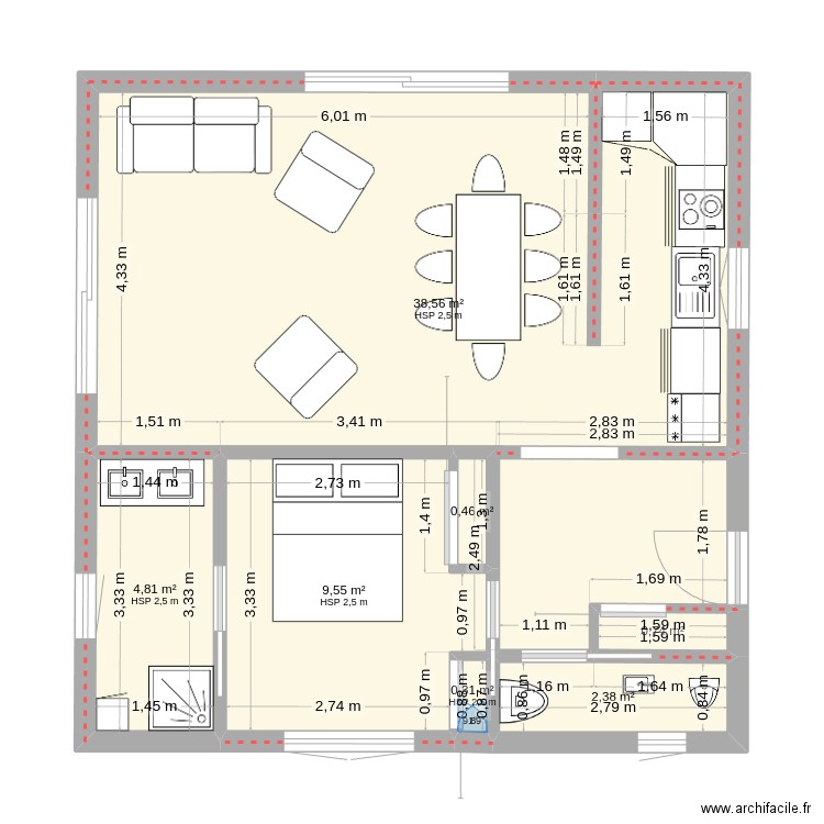 Cube Rez de Chaussé. Plan de 7 pièces et 57 m2